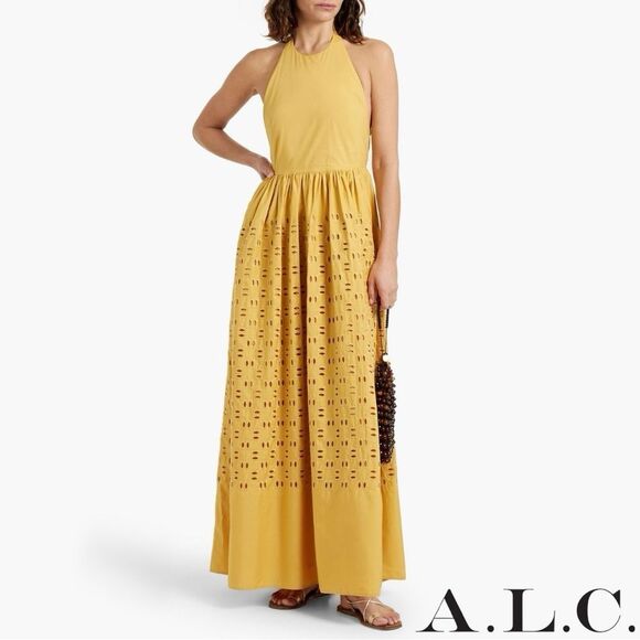 A.L.C. **NWT** Blair Eyelet Halter Cotton Maxi Dress Butterscotch Yellow - Picture 14 of 16